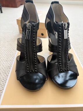 Michael Kors Black Studded Zip-Front T-Strap Heels